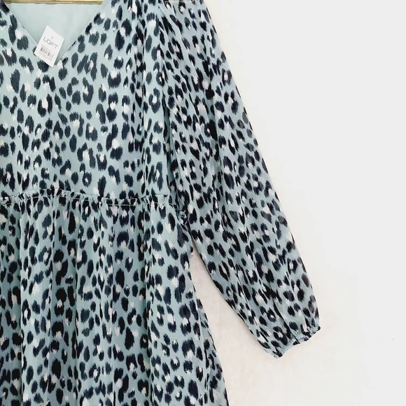 New LOFT Blue Leopard Print Long Sleeve V-Neck Midi Dress P 405 - Picture 4 of 10